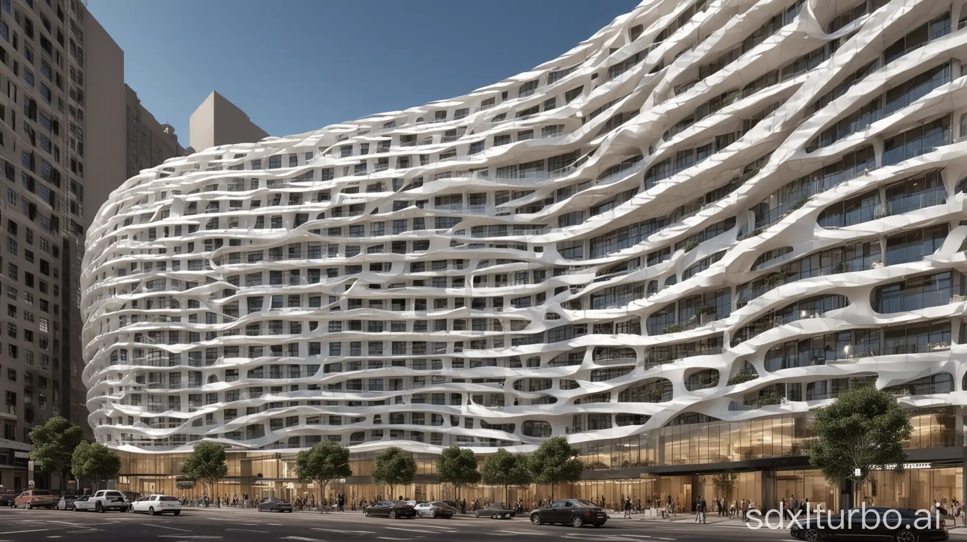 12 story hotel with white color Parametric curve architecture in the city center LA