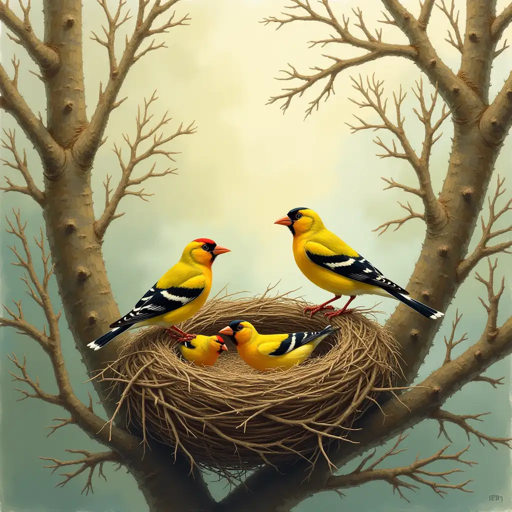 Create a picture with a nest of goldfinches and the phrase: Peace to this house in the top center of the picture.