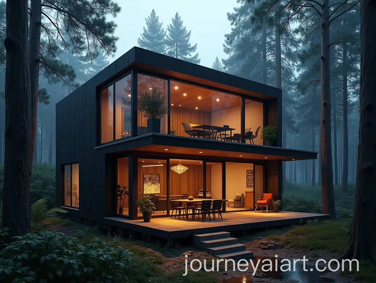 Cozy-Modern-TwoFloor-Building-in-Forest-with-Rainy-Evening-Atmosphere