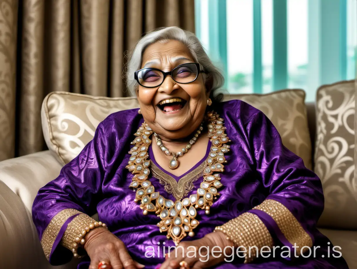 Elderly-Bangladeshi-Woman-Laughing-on-Luxurious-Hotel-Sofa