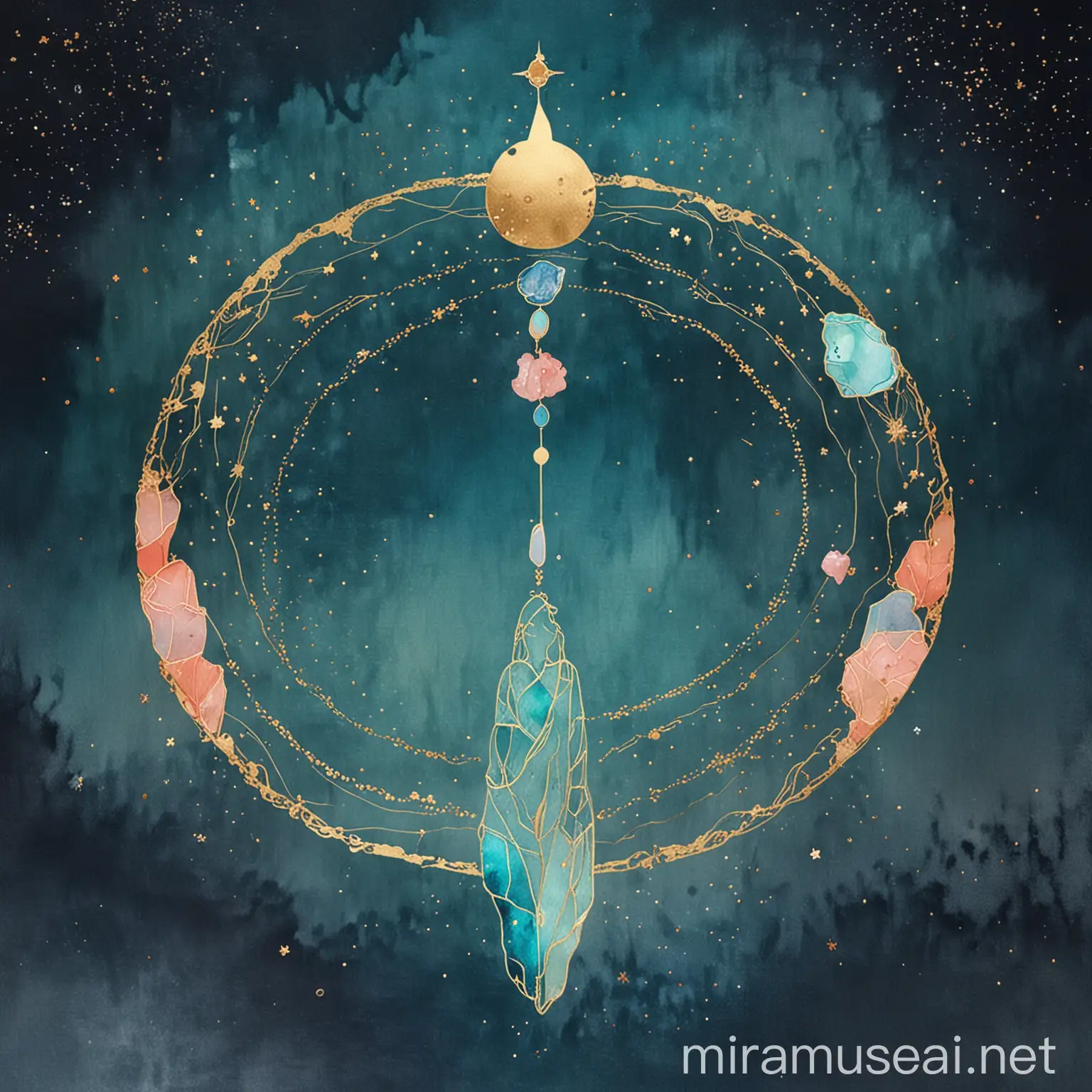 Abstract Minimalist Watercolour with Moon Cycle and Constellations in Teal Blue and Coral Tones