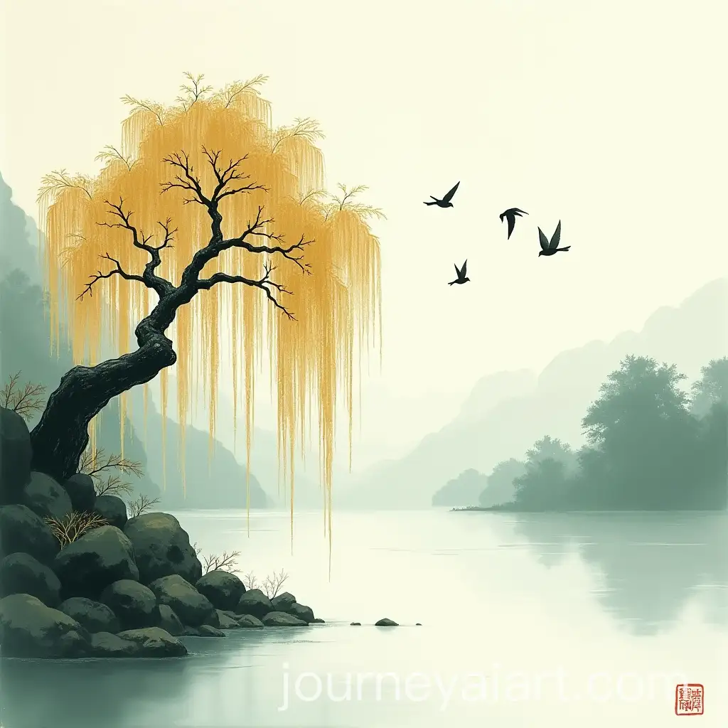 Chinese-Ink-Painting-of-Weeping-Willow-and-Golden-Money-Tree-by-Lakeshore