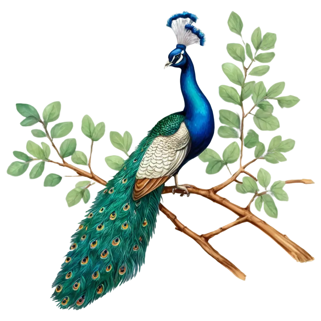 Cartoon-Peacock-on-Branch-with-Leaves-PNG-Image-for-Creative-Projects