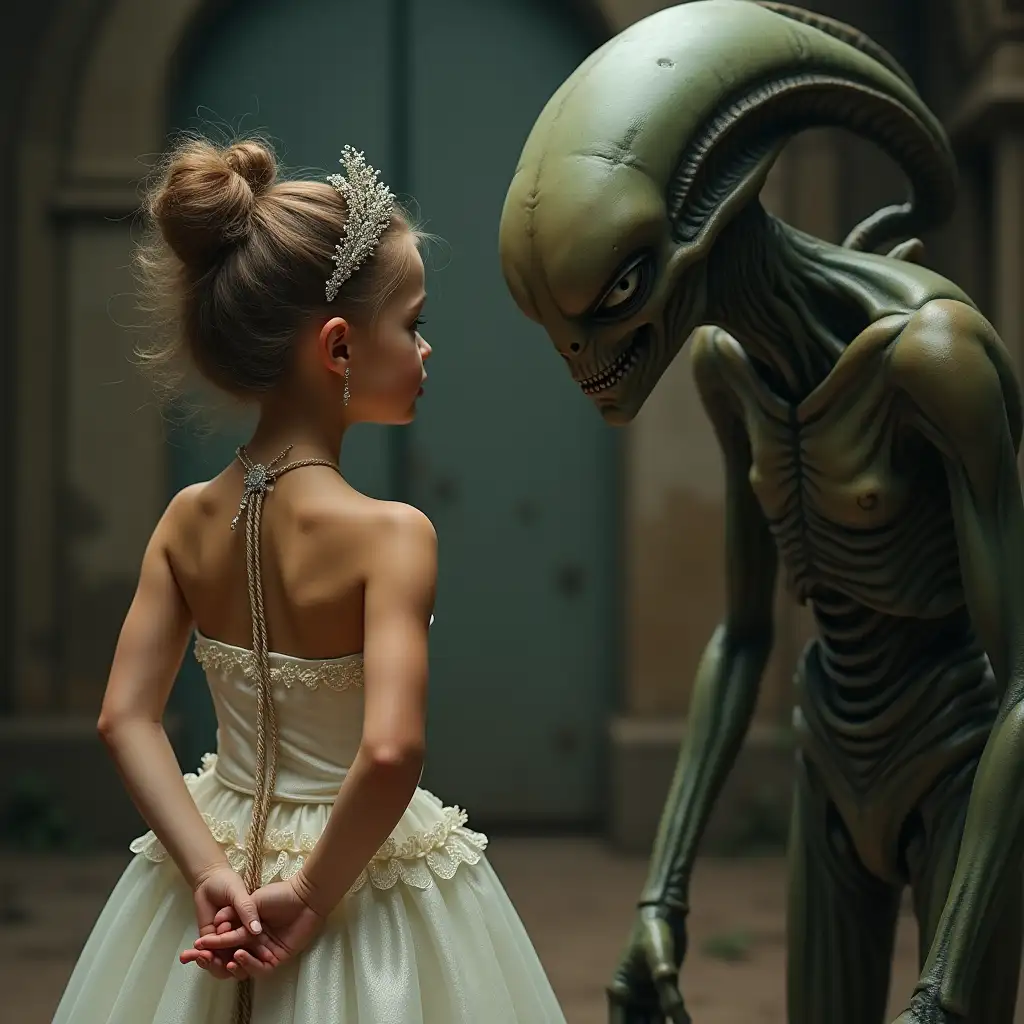 Little-Princess-in-Ball-Gown-Confronting-Alien-Creature