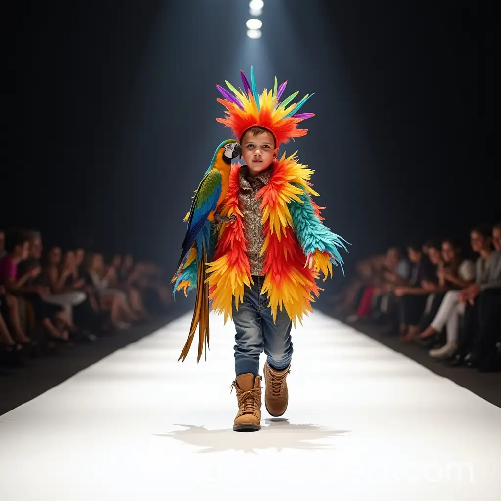 Boy-in-Colorful-Feather-Costume-with-Parrot-on-Shoulder-on-Fashion-Show-Runway