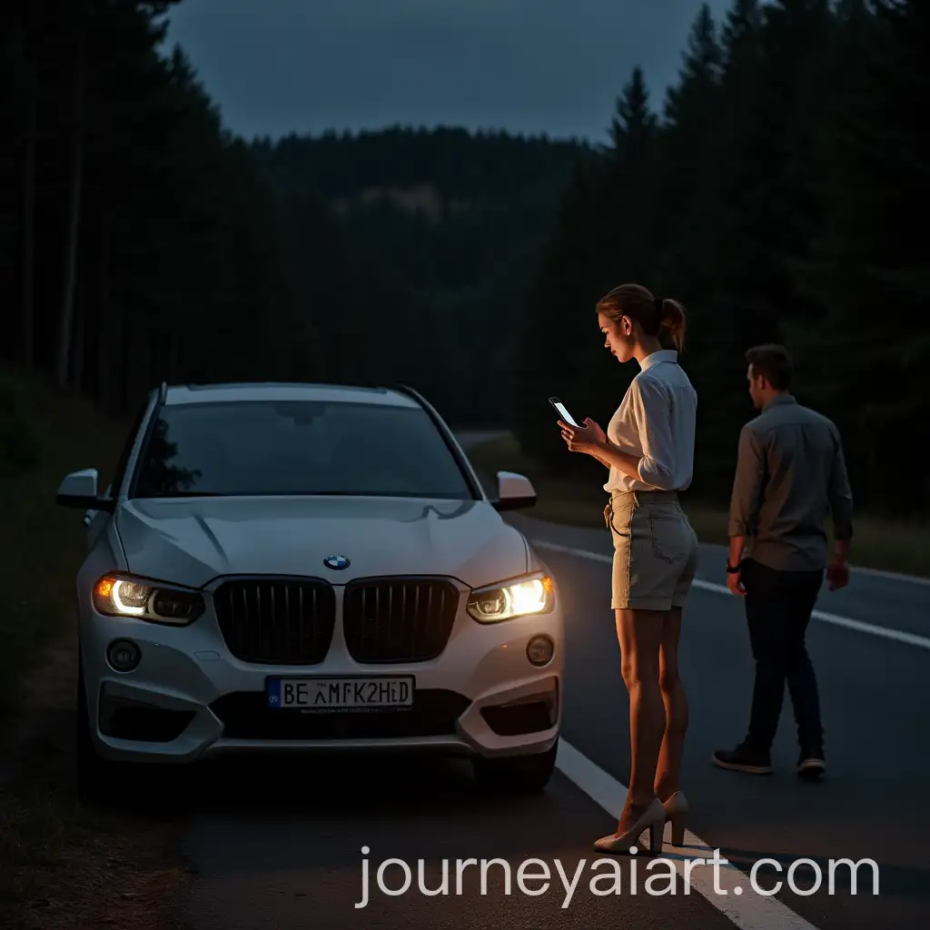 Woman-with-Smartphone-Standing-Next-to-Broken-BMW-by-Forest-at-Night