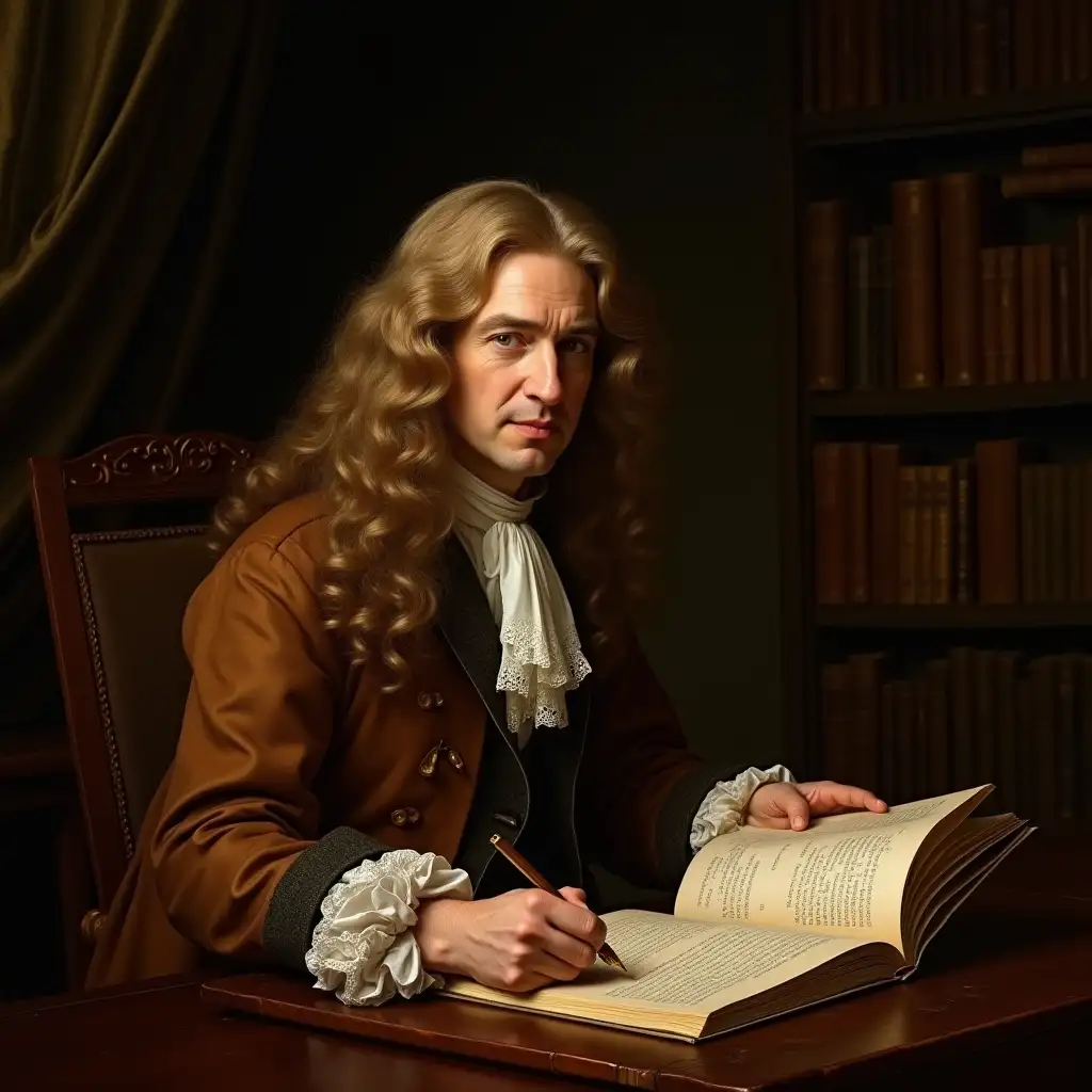 Isaac Newton (1642-1727) writing in his library at age 47, light brown long wavy wig