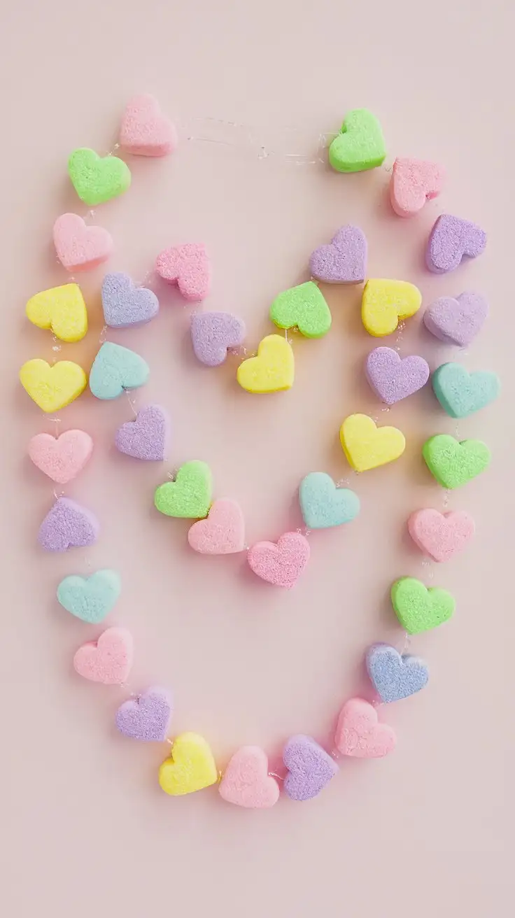 Eye-level shot of a colorful heart garland made of assorted candy hearts in pastel colors (pink, purple, yellow, blue, green), candy hearts are strung on a clear thread, vibrant and playful, sugary, adorable, cute, against a light pink background, product photography, high resolution