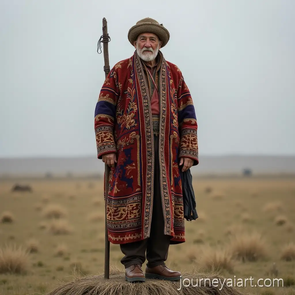 Elderly-Kazakh-Man-in-Traditional-Shapan-on-Vast-Steppe-Landscape