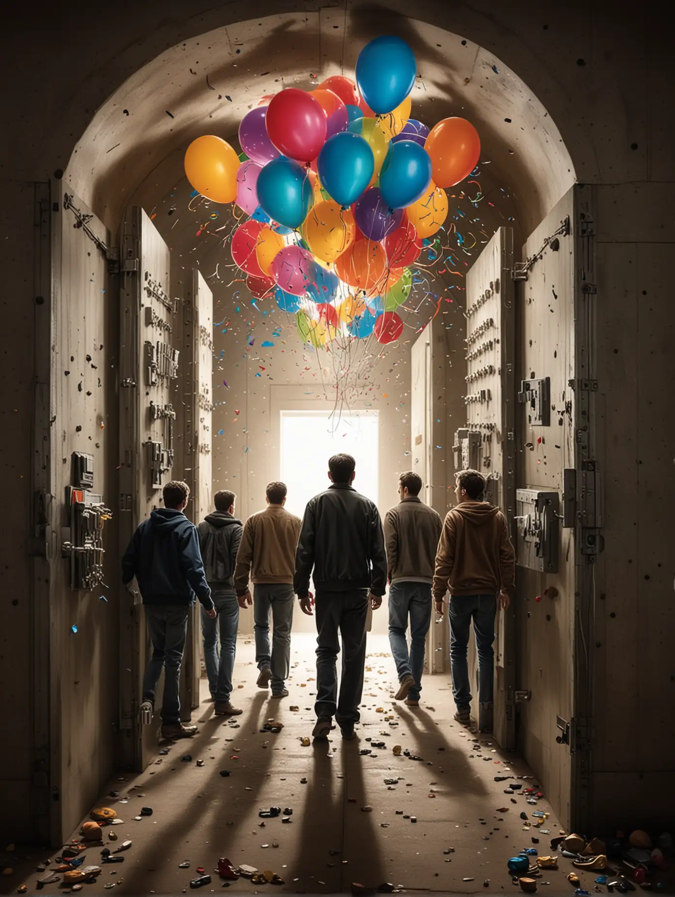 Dynamic Scene Five Men Entering Big Bank Vault with Party Atmosphere