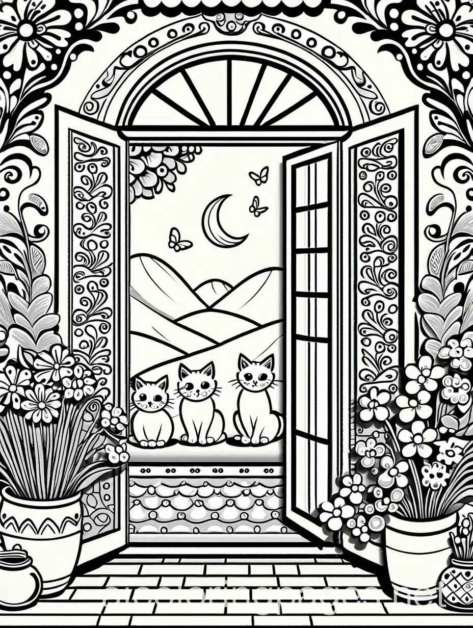 Three-Cats-Painting-in-Mexican-Style-Kitchen-Coloring-Page