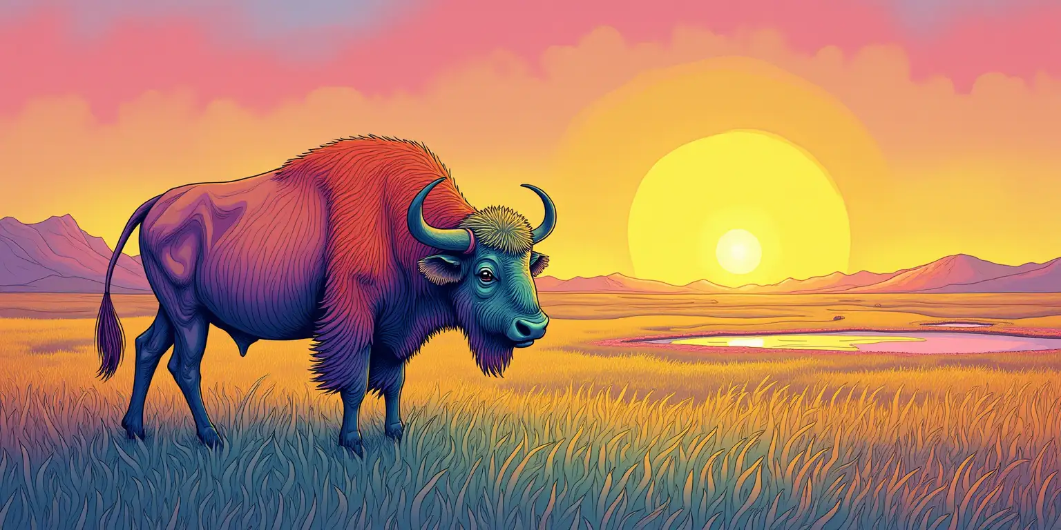 surreal line drawing in the style of salvador dali in a gradients of natural colors small, happy anatomically correct buffalo on one side of the image and 30% height of total height of the image in a grassy field near the rainbow sulfur hot springs at sunset