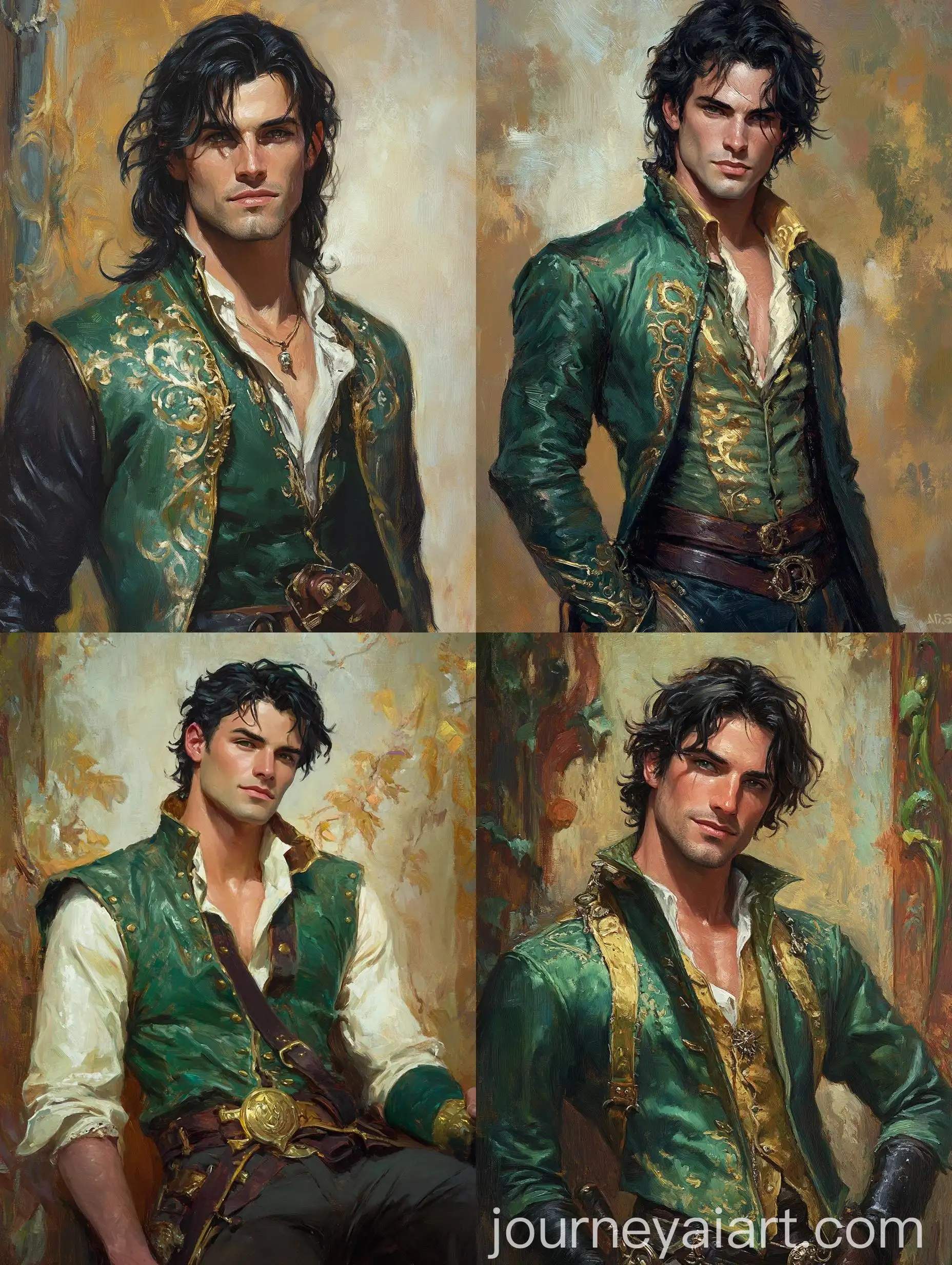 Handsome-Man-in-GreenandGold-Outfit-with-Mischievous-Smirk