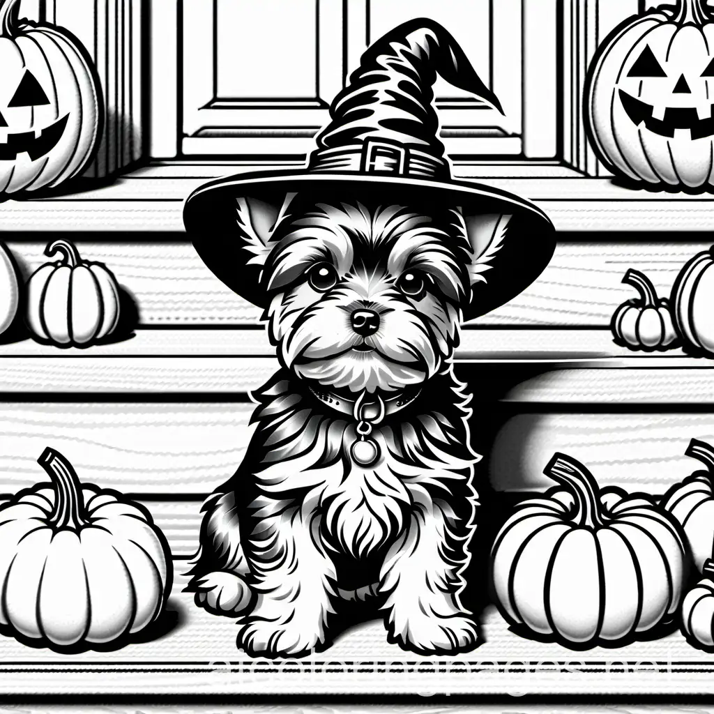 Adorable-Yorkie-Puppy-in-Witch-Hat-Surrounded-by-Halloween-Decorations