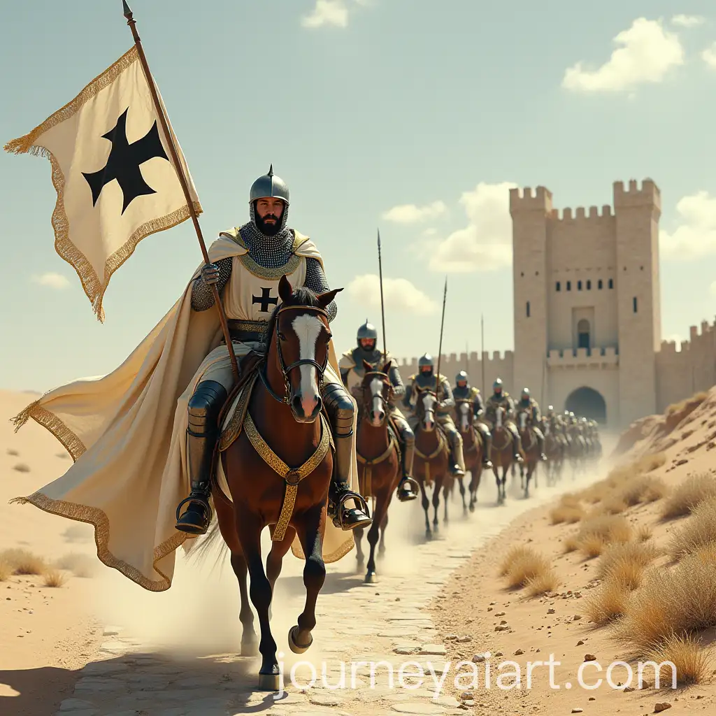Crusader-Knights-Galloping-Through-Desert-with-Fortress