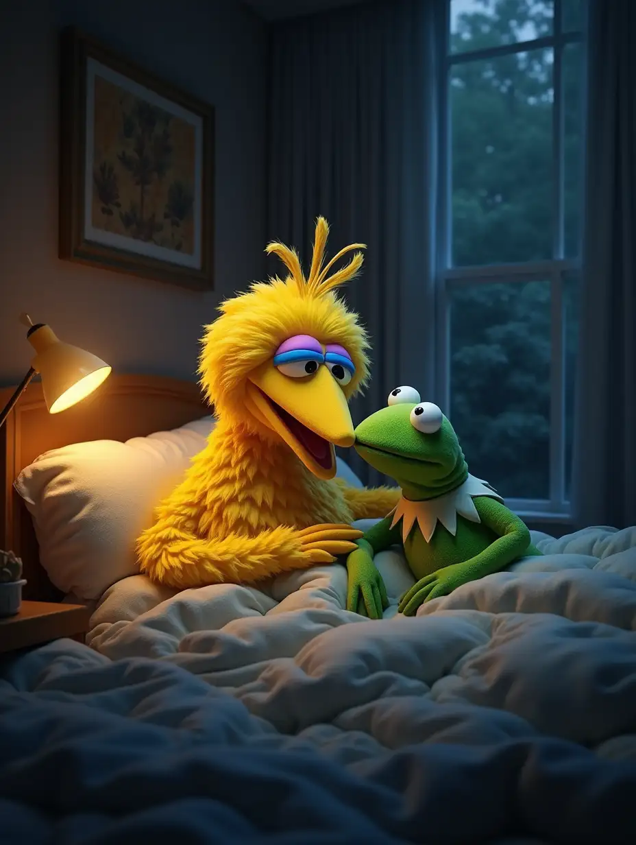 big bird laying in bed and kermit the frog kissing him good night