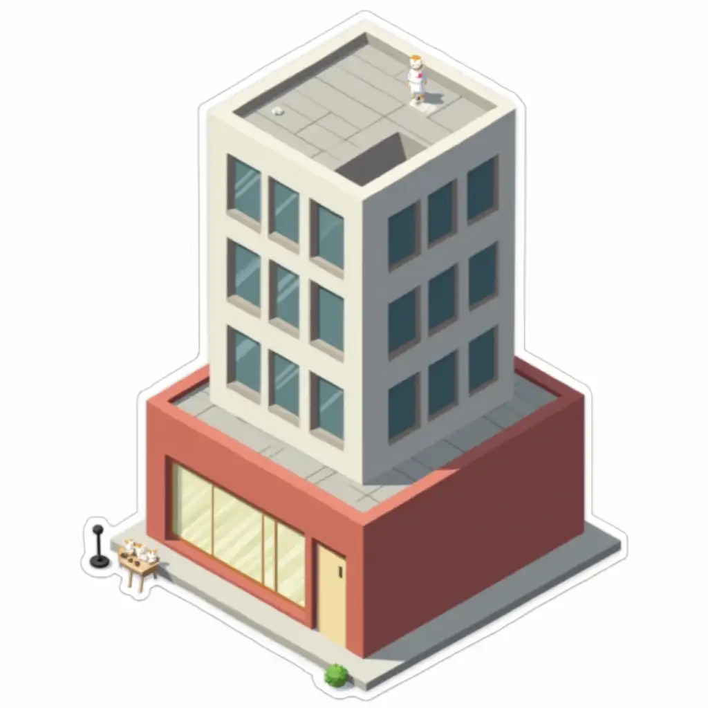 isometric vector sticker: A short one-story office building is red-brown in color and one long beige-framed window runs the entire length of the ground floor. A tall 8-storey office building made of gray concrete rises from the corner of the lower building. The first floor is higher than the rest of the floors and noticeably protrudes beyond the contours of the building in width and dimensions. There are small white cats in office clothes nearby. The overall image mimics the appearance of a cut-out laminated sticker, the sticker is bright in the anime style. The overall image mimics the appearance of a cut-out laminated sticker, the sticker is bright in the anime style.  die cut sticker design top-view, high resolution, vector art,  white background, paint in anime style