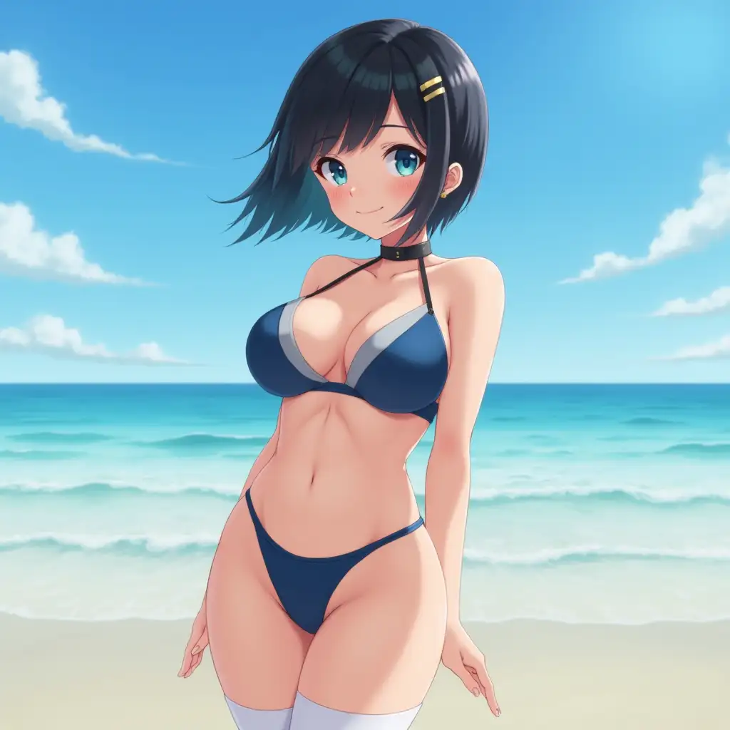 masterpiece, best quality, highly detailed, RAW foto,fotorealistic,1woman, huge breasts, solo, outdoors, blue_eyes, thighhighs, black_hair, looking_at_viewer, day, parted_lips, navel, beach, white_thighhighs, hairclip, earrings, jewelry, ocean, short_hair, collarbone, cloud, sky, blush, bare_shoulders, leaning_forward, blue micro_bikini, thighs, water, bangs, skindentation, blue_sky, black_choker, stomach, smile, contrail, cowboy_shot, ass_visible_through_thighs