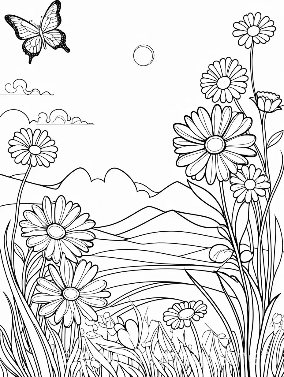 Daisy-Flower-and-Butterfly-Coloring-Page