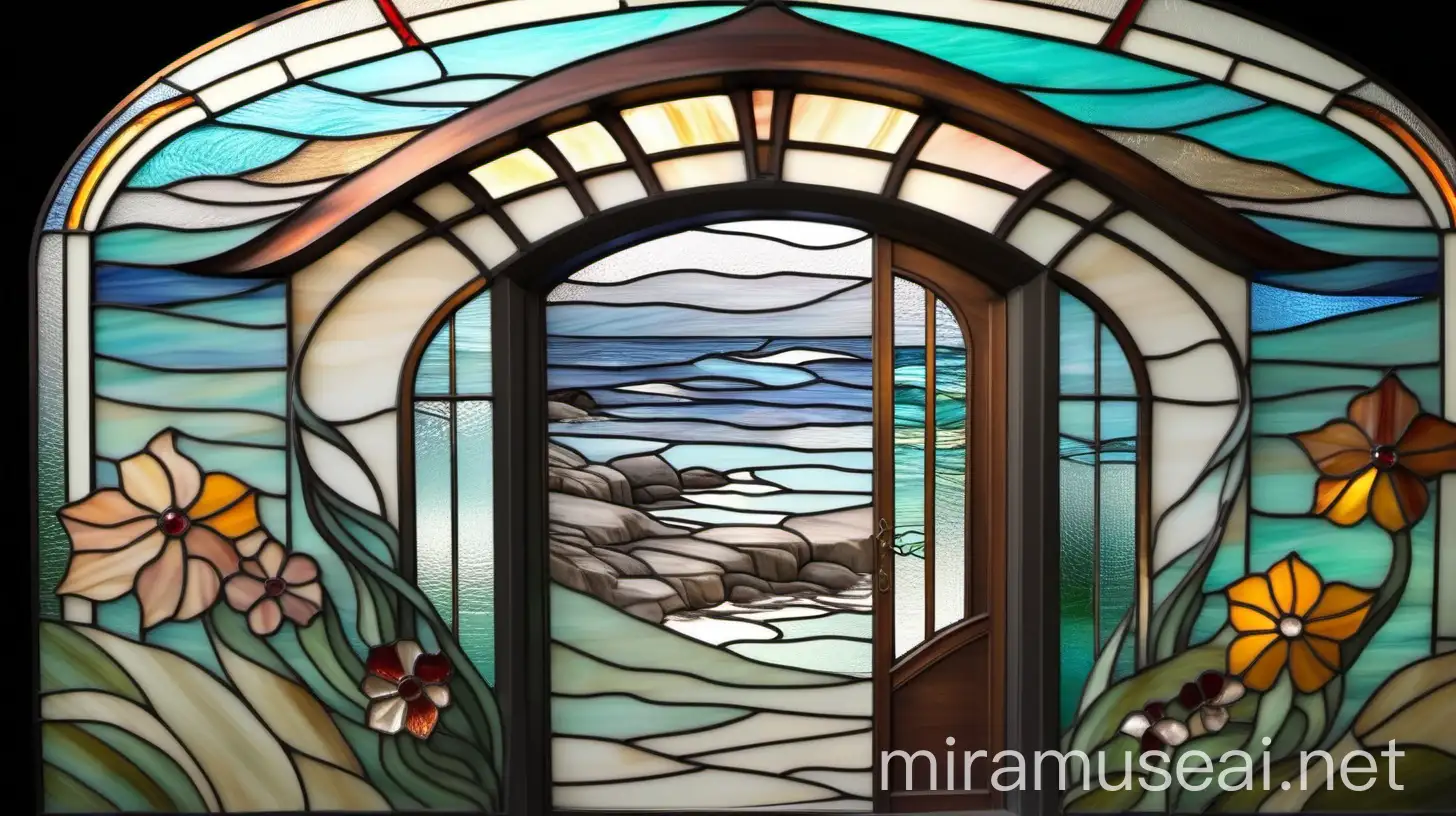 Art Nouveau Stained Glass Door with Abstract Lines and Floral Ornaments