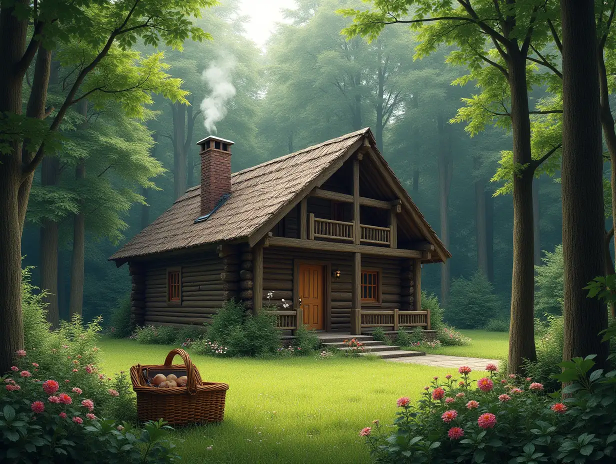 A large and green forest, in the middle of which is a large wooden hut smoking from its chimney. And in front of the hut, there are beautiful flowers and a picnic basket.