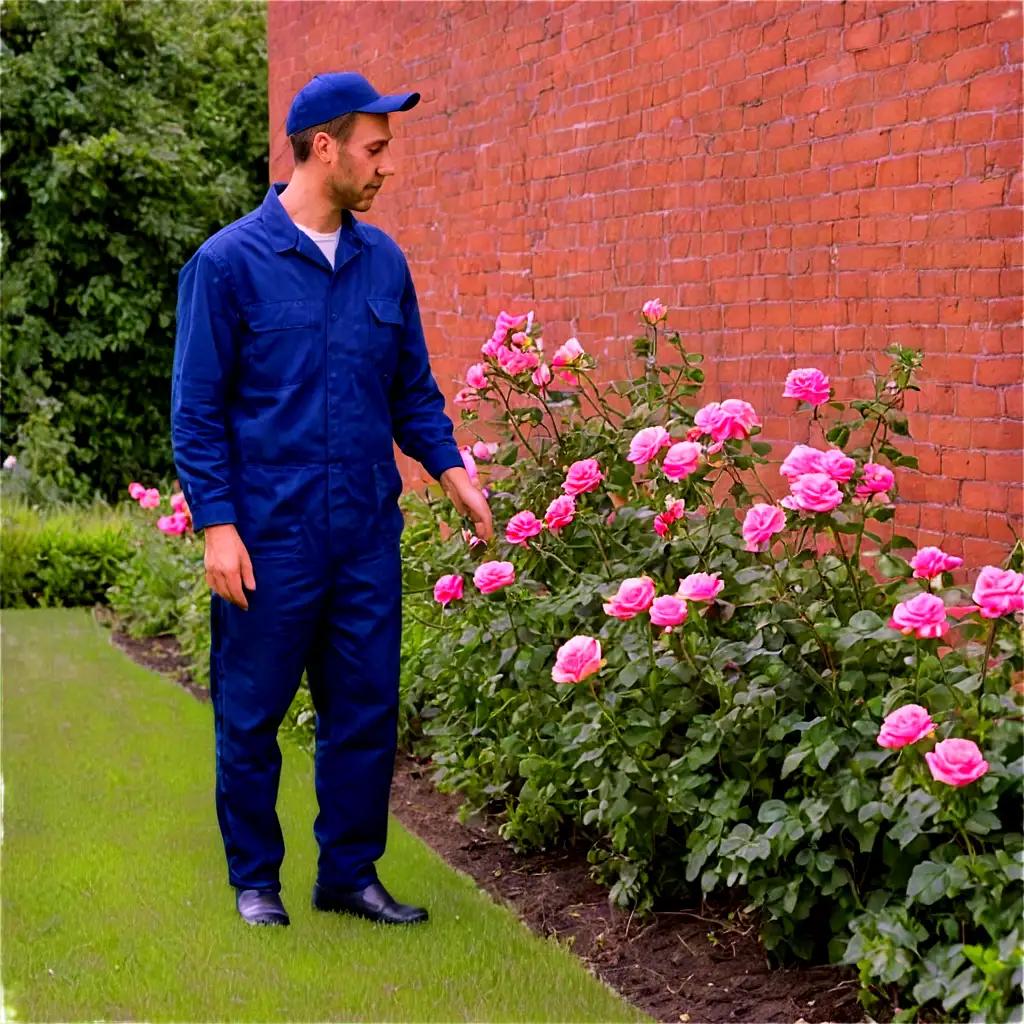 PNG-Image-of-a-Man-in-Deep-Blue-Working-Clothes-amidst-a-Garden-of-Roses-and-Brick-Wall-Houses