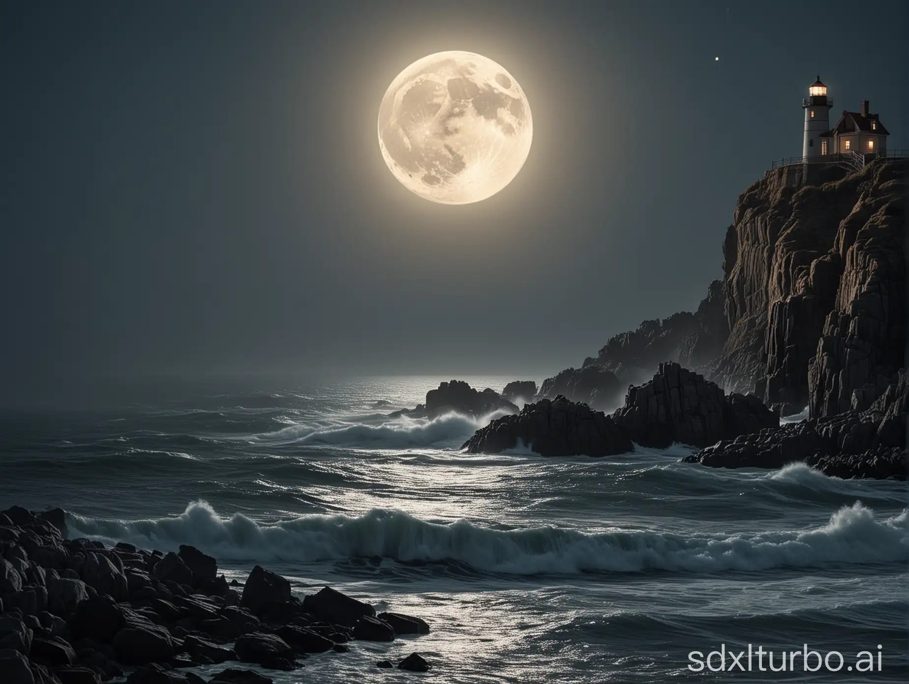 Moonlit-Lighthouse-on-Rocky-Outcrop-with-Waves-in-Foreground