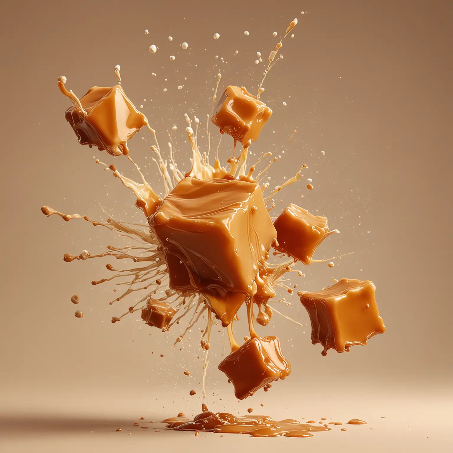 VANILLA CARAMEL chunks caramel spreading flying splashes beige background