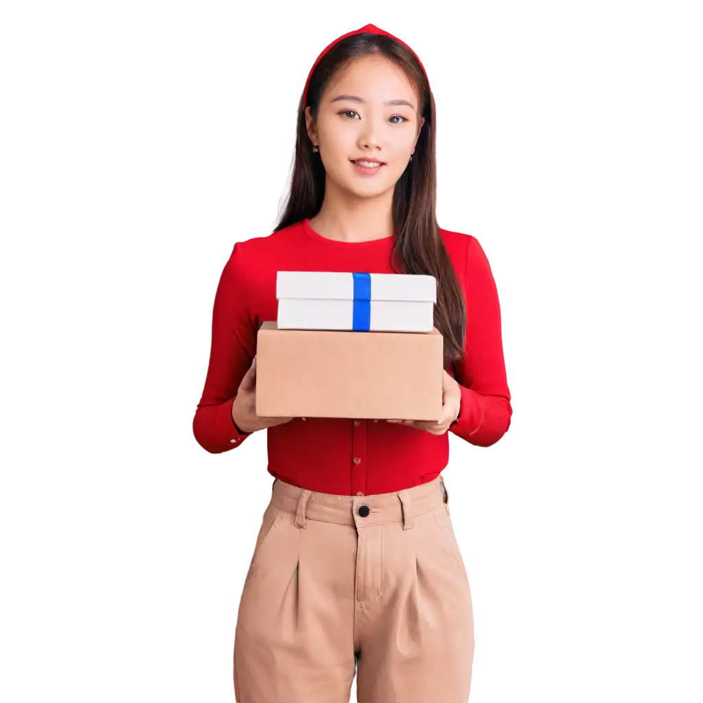 Stunning-PNG-Image-of-a-Korean-Saleswoman-Holding-a-Shipping-Package-in-a-Red-Shirt