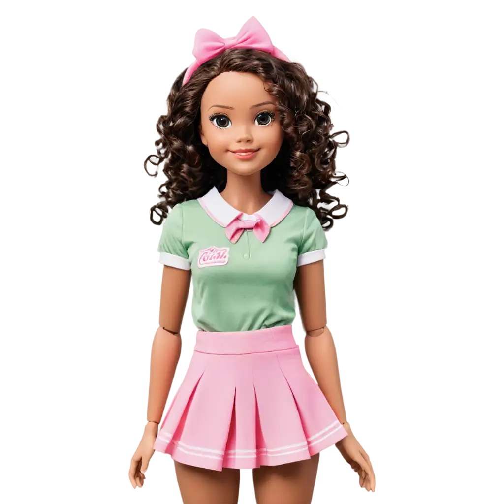 Curly-Brown-Haired-Doll-with-Customized-Light-Green-and-Pink-Uniform-PNG-Image-for-Versatile-Digital-Usage