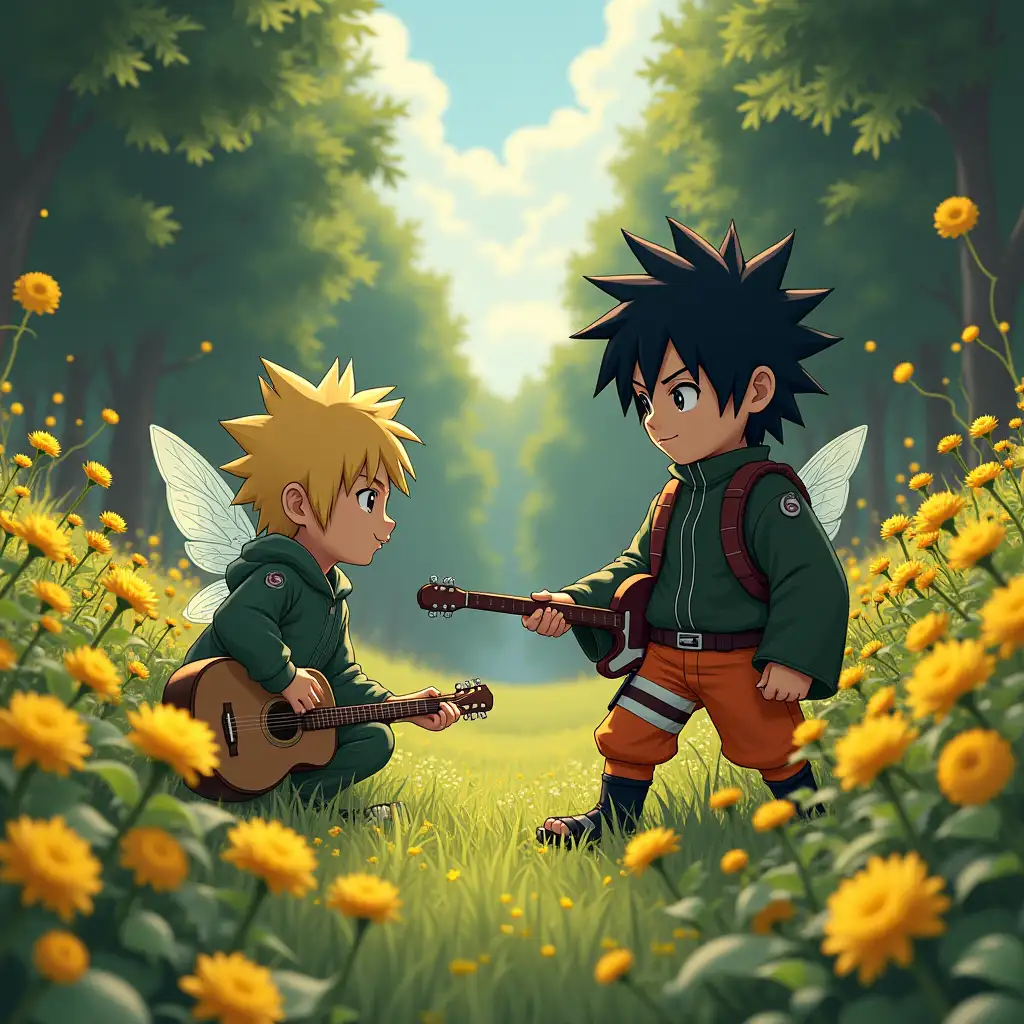 Sasuke and Naruto : Duality of Warriors🏰📖⚡: An Enchanted Innocence of elf megadeth guitar garden :Tiny Dandelion Fairy and Daisies:'Brad in a vineyard in Italie in Petal Christmas '