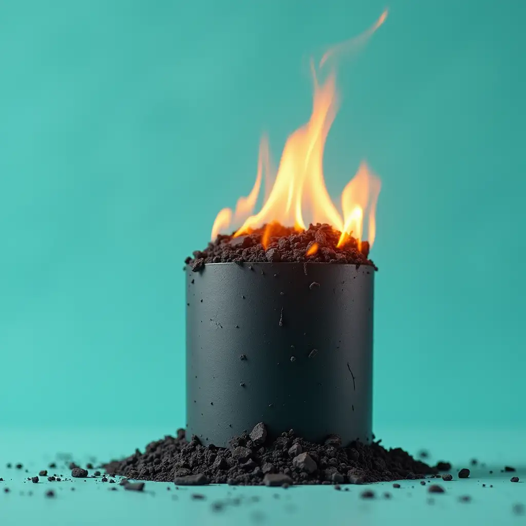 A clean, realistic image of compressed charcoal with a tube-shaped mold in a fiery state, with a turquoise-colored background