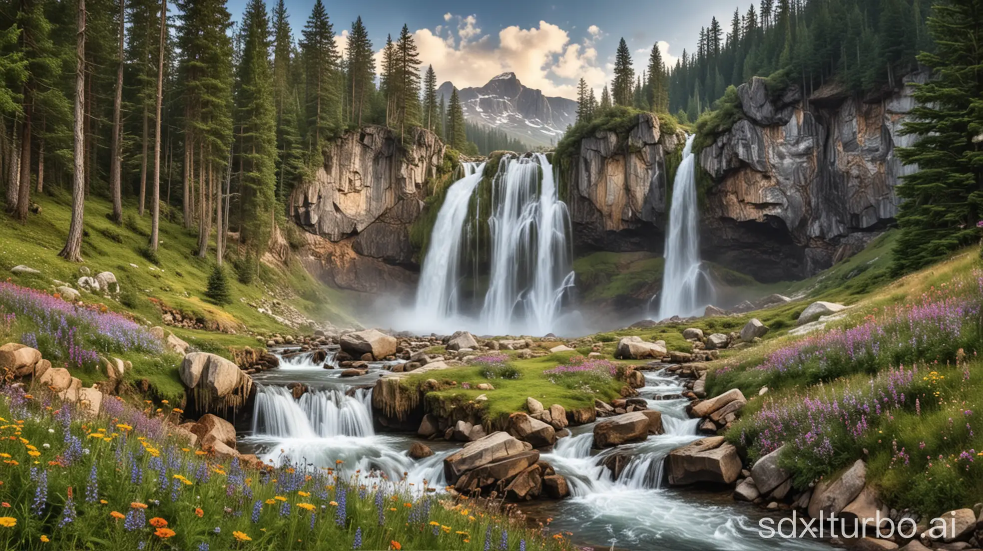 Breathtaking-Mountain-Waterfall-Landscape-with-Pine-Trees-and-Wildflowers