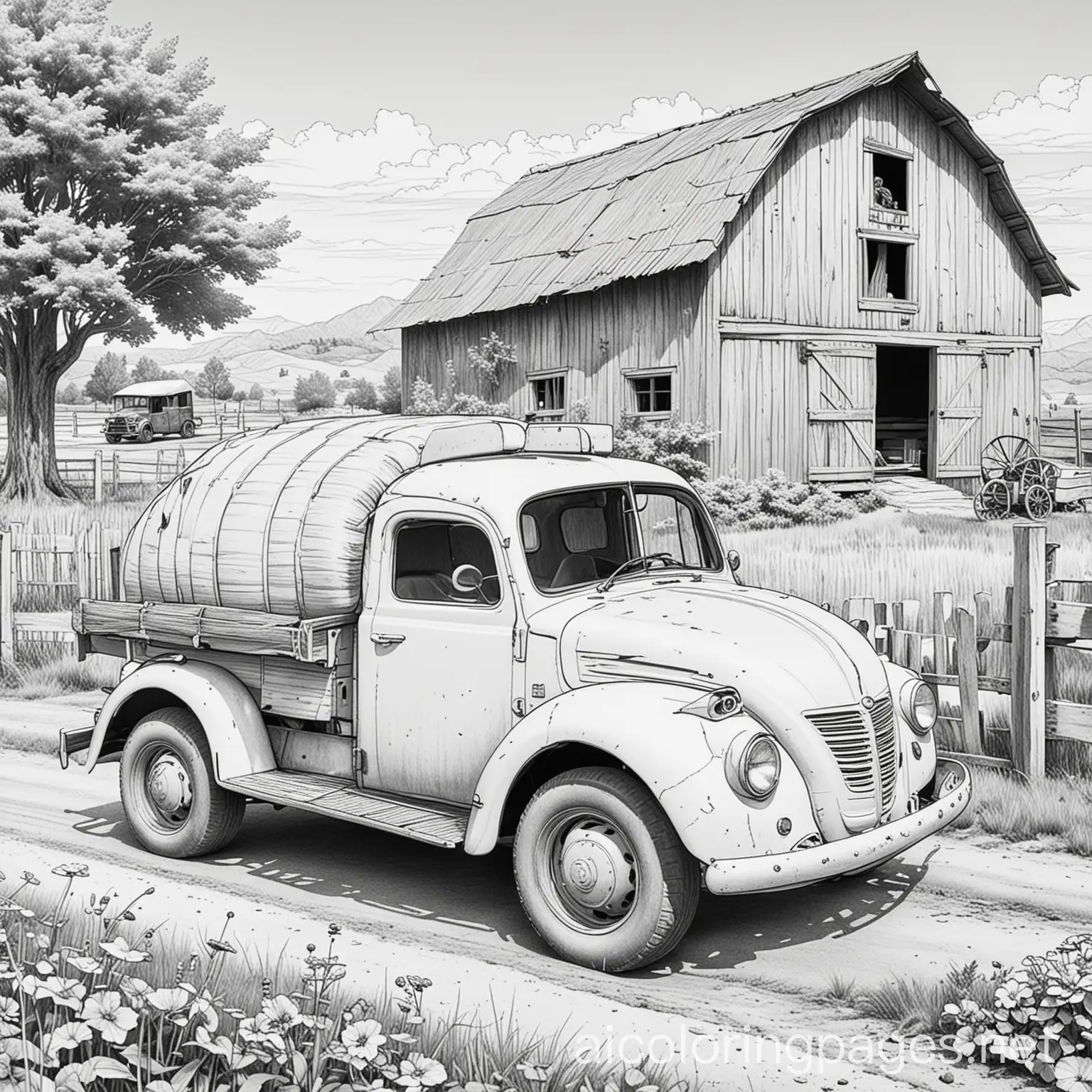 Anime-Country-Snail-with-Old-Truck-and-Barn-Coloring-Page