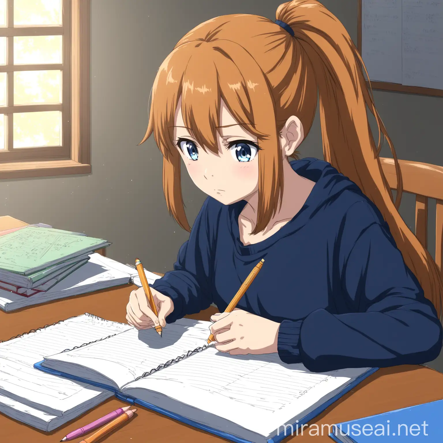 Teenage Girl with Ponytail Doing Homework in Anime Style