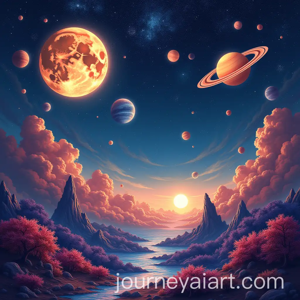 Vibrant-Cosmic-Universe-with-Planets-and-Moon-in-Yellow-Coral-Blue-and-Purple-Tones
