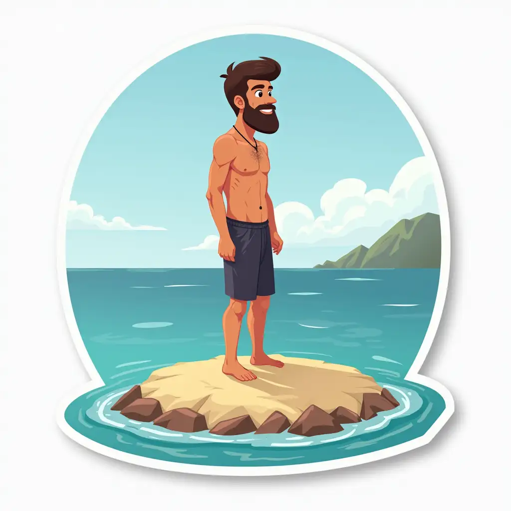 an adult man on a uninhabited island. Realism. 2d. Sticker format