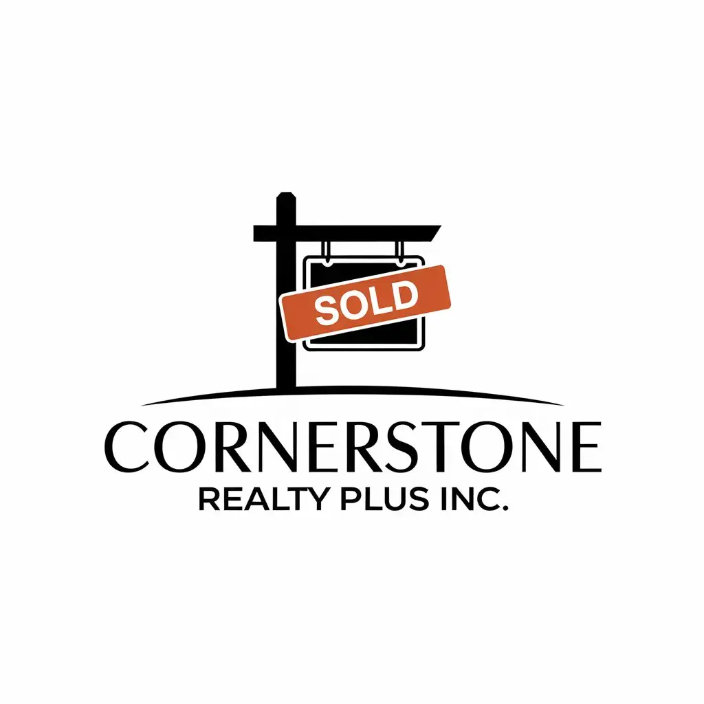 LOGO Design for Cornerstone Realty Plus Inc Vector Logo with House for Sale Sign and Sold Banner