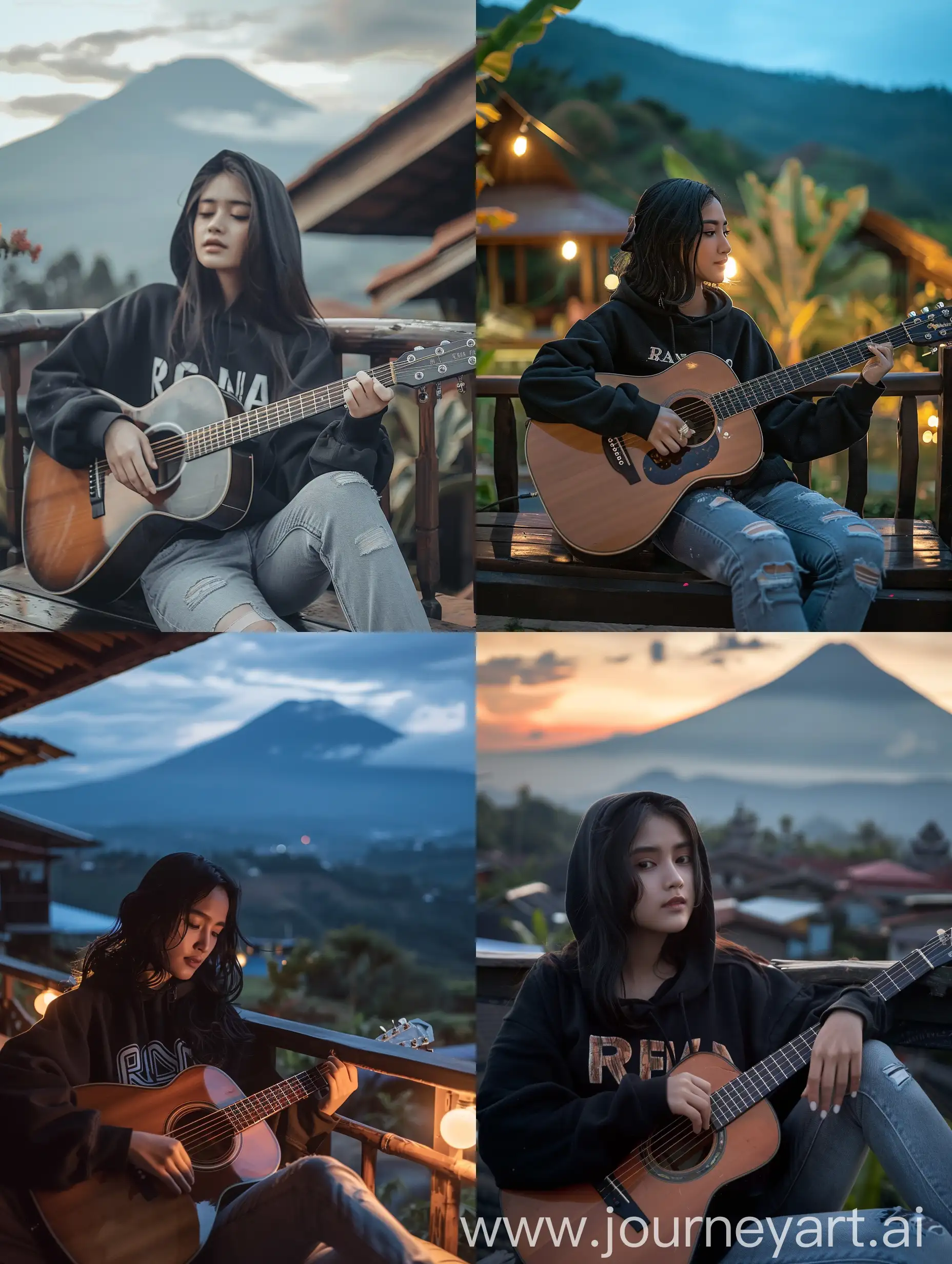 Indonesian-Woman-Playing-Guitar-on-Terrace-with-Semeru-Mountain-View