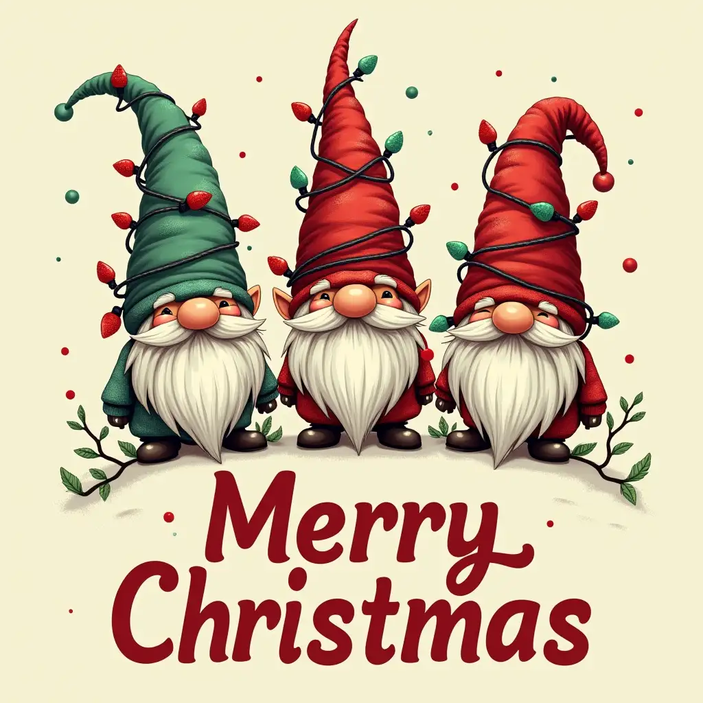 Vintage. Create a festive, Christmas-themed image featuring three gnomes wearing Christmas lights as hats. The gnomes should have playful expressions, and the Christmas lights should be a mix of red, green, and white. The word 'Merry Christmas' should be written boldly, in a festive font, below the gnomes.