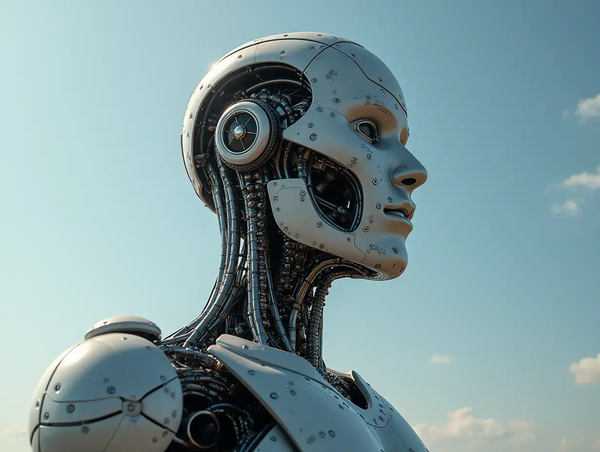 Create a high-resolution, realistic image of the artificial intelligence Robert, 40 meters tall, with a motor made of many parts, from Jupiter 4k resolution