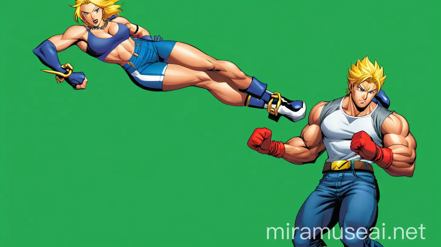 Dynamic Action Scene with Agile Female Fighter and Muscular Male Opponent