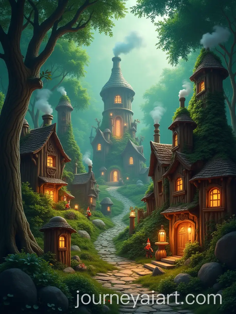 Magical-Gnome-Village-in-Lush-Green-Forest-with-Enchanted-Shampoo-Bottle
