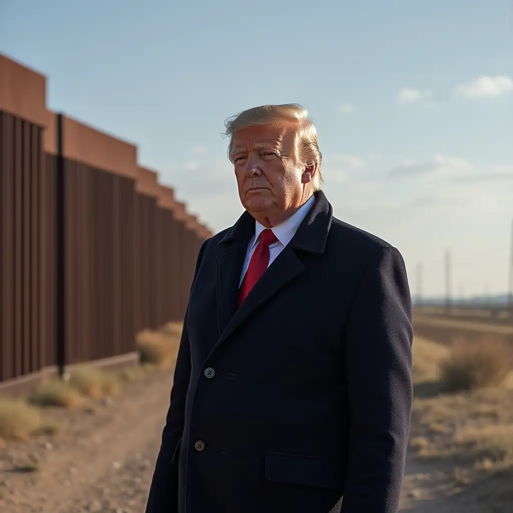 Donald Trump standing next to border wall