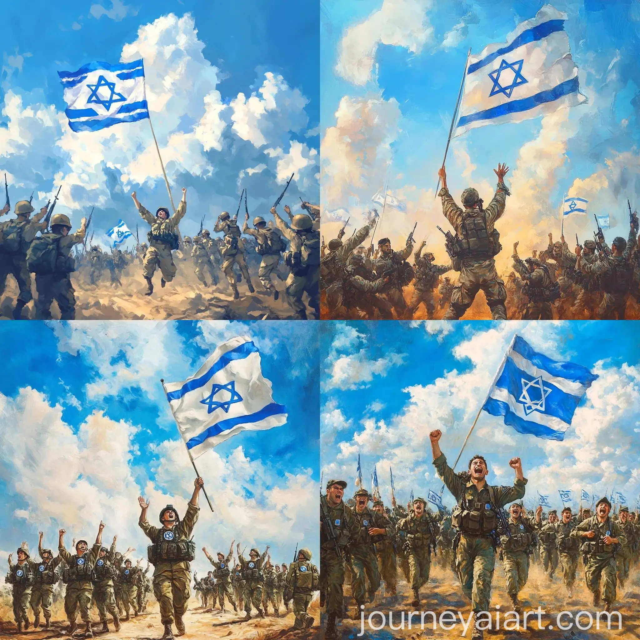 IDF-Soldiers-Celebrating-Victory-with-Israeli-Flags-Under-Cloudy-Skies