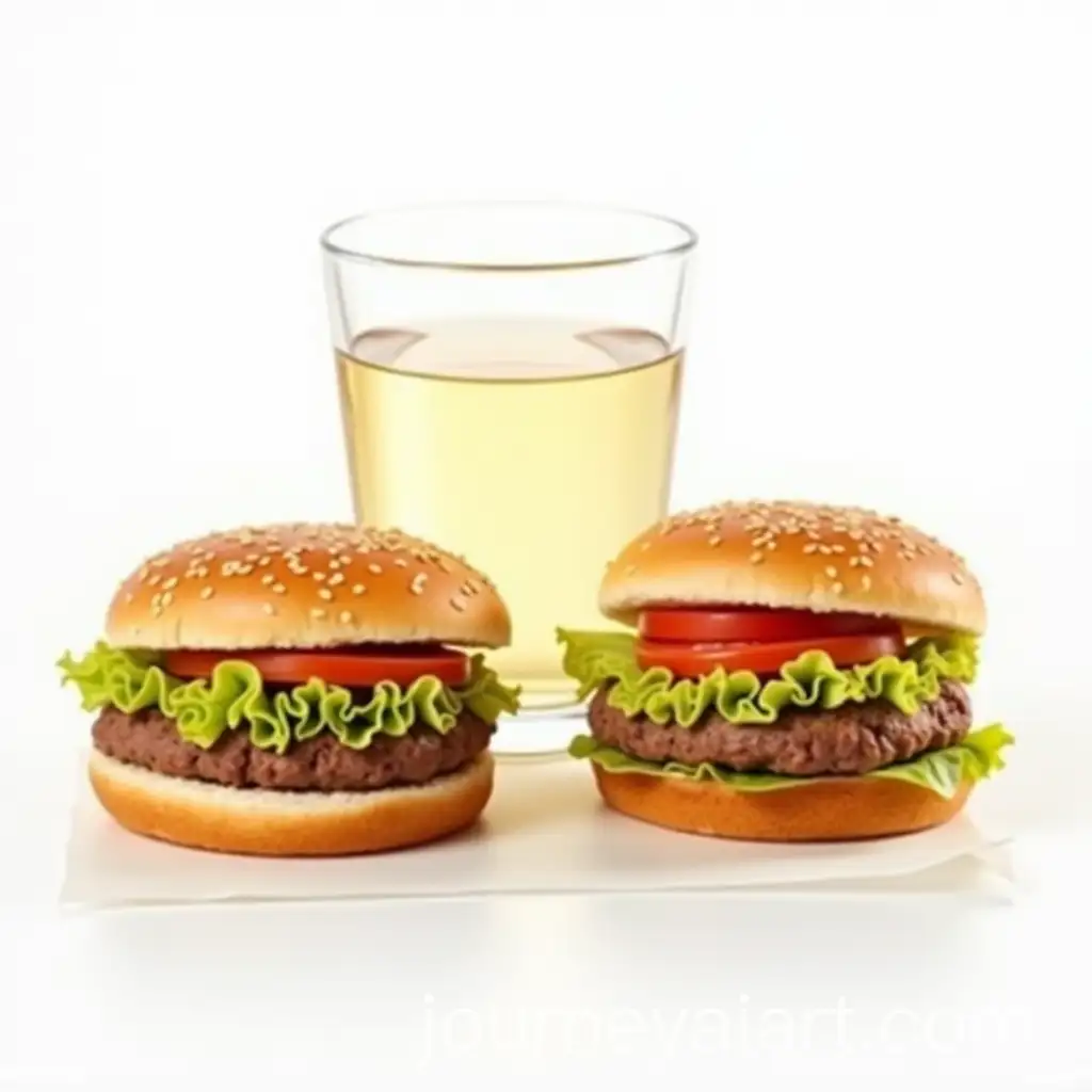 Hot-Dogs-Hamburgers-and-Glass-of-Water-on-White-Background