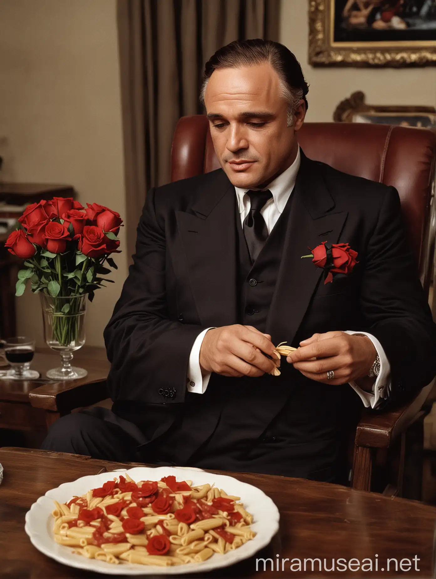 Marlon Brando in Black Suit with Red Rose Enjoying Penne Pasta