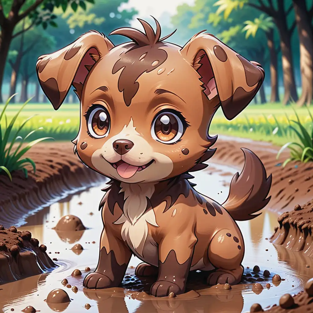 Brown Puppy Covered in Mud Cartoon Style