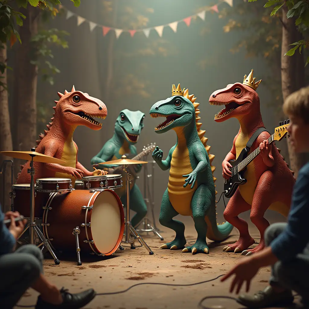 a pop punk band of 4 fragile dinosaurus. one tender dino plays the drums, one cute bimbo girl dino in queen's corona plays the keyboards, 2 elegant dinoes in taxidoed play the guitars. A king dino and a queen dino are dancing waltz. Several teens are watching on both sides