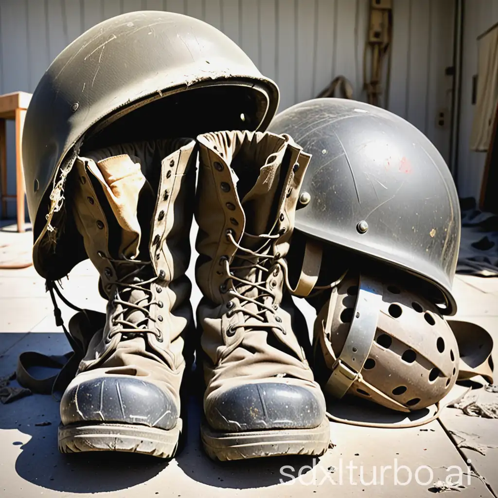 Pair of worn out army boots with one helmet draped over the boots